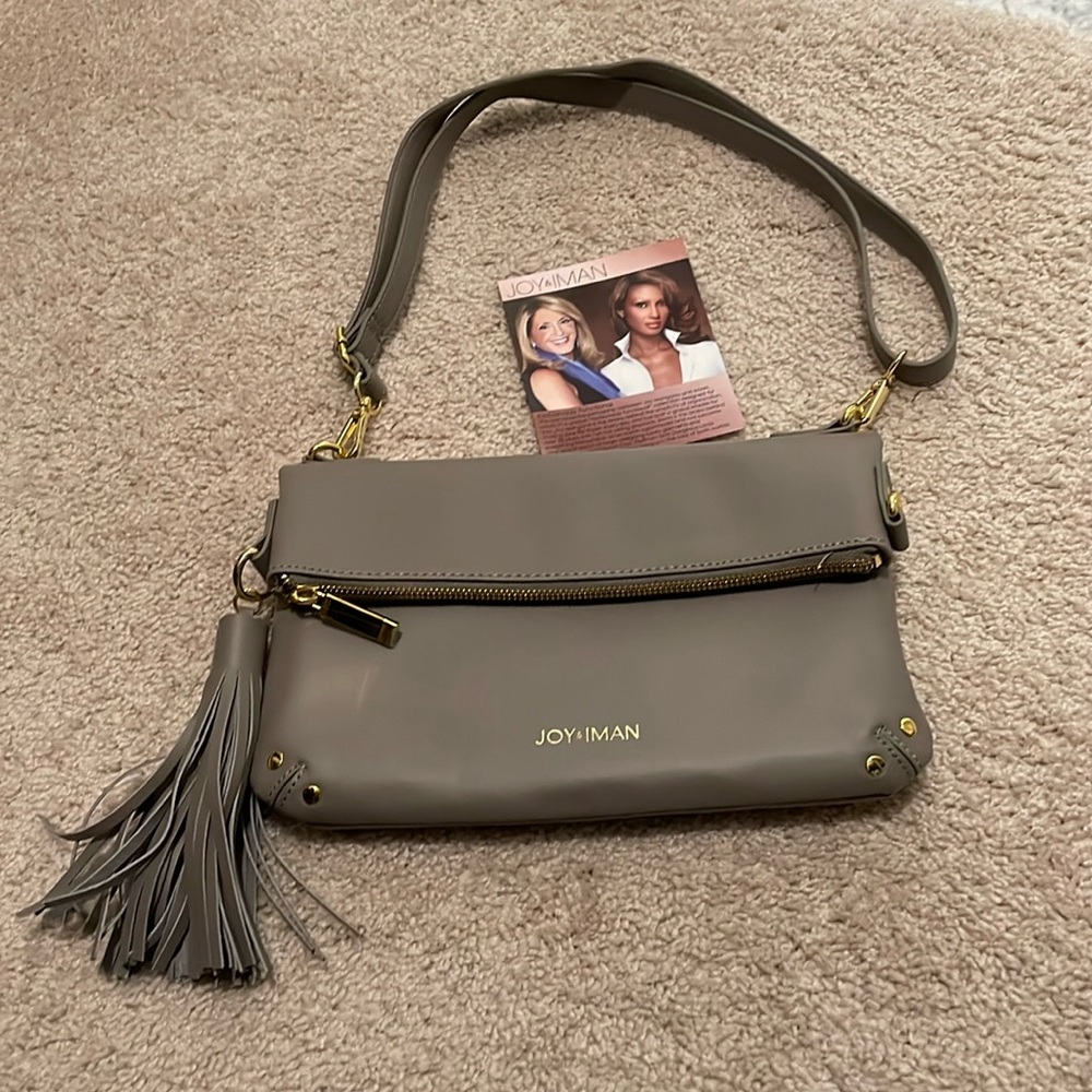 Joy & Iman convertible shoulder bag crossbody clutch taupe leather gold tone